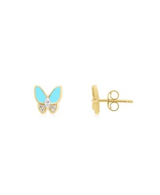 Turquoise CZ Butterfly Stud Earrings 14K Gold-Plated Sterling Silver