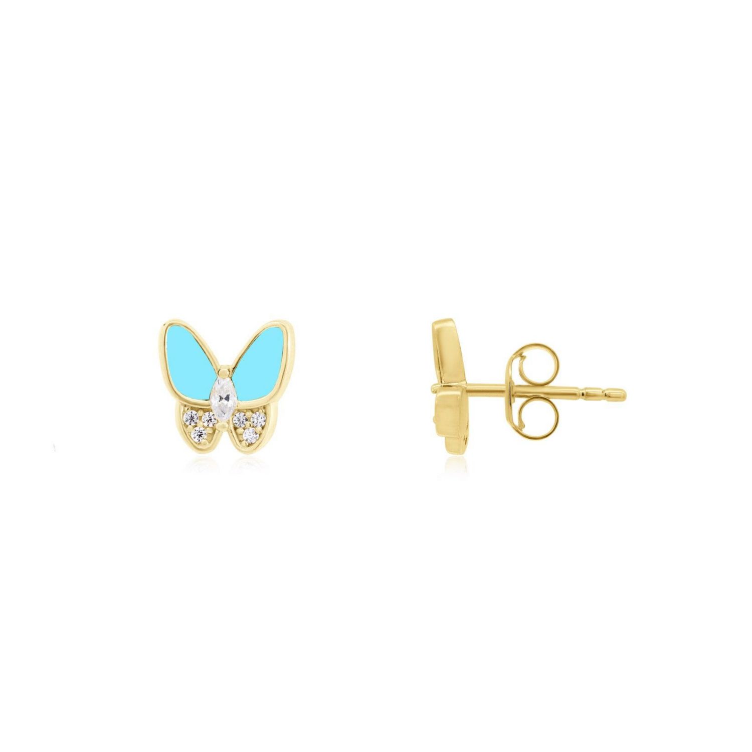 Turquoise CZ Butterfly Stud Earrings 14K Gold-Plated Sterling Silver