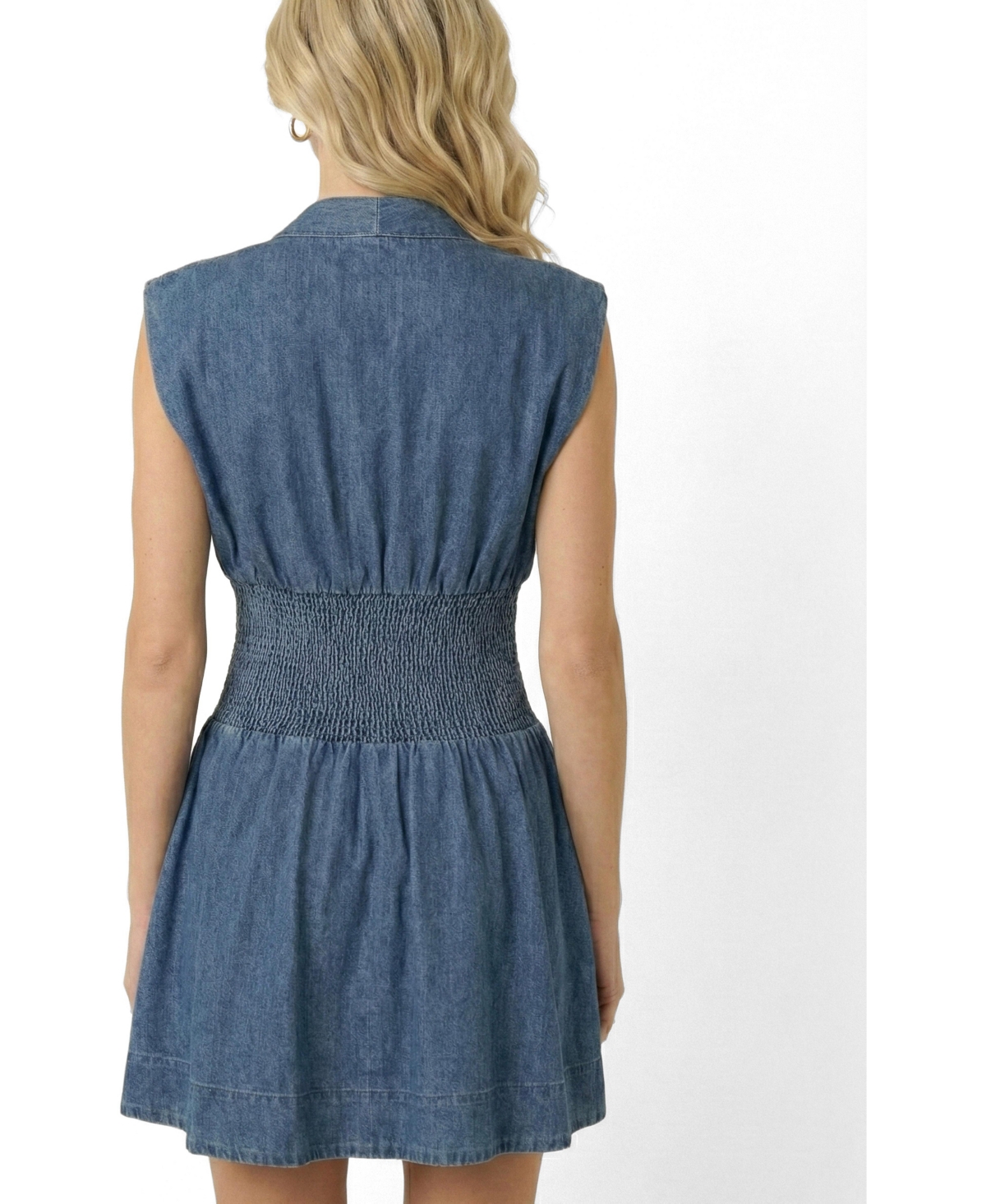 Modenaire Women's Denim Cap-Sleeve Smocked-Waist Mini Dress
