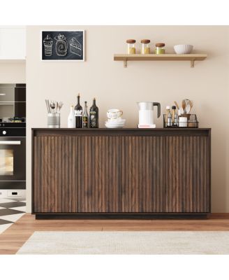 4-Door Wood Sideboard Buffet with Power Outlet and Wavy Texture