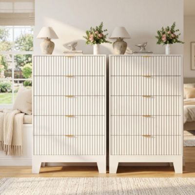 2 Set of 5 Drawer Dresser with Wave Pattern, Vertical Storage Tower with Gliding Drawers, Versatile Cabinet for Bedroom, Easy Assembly