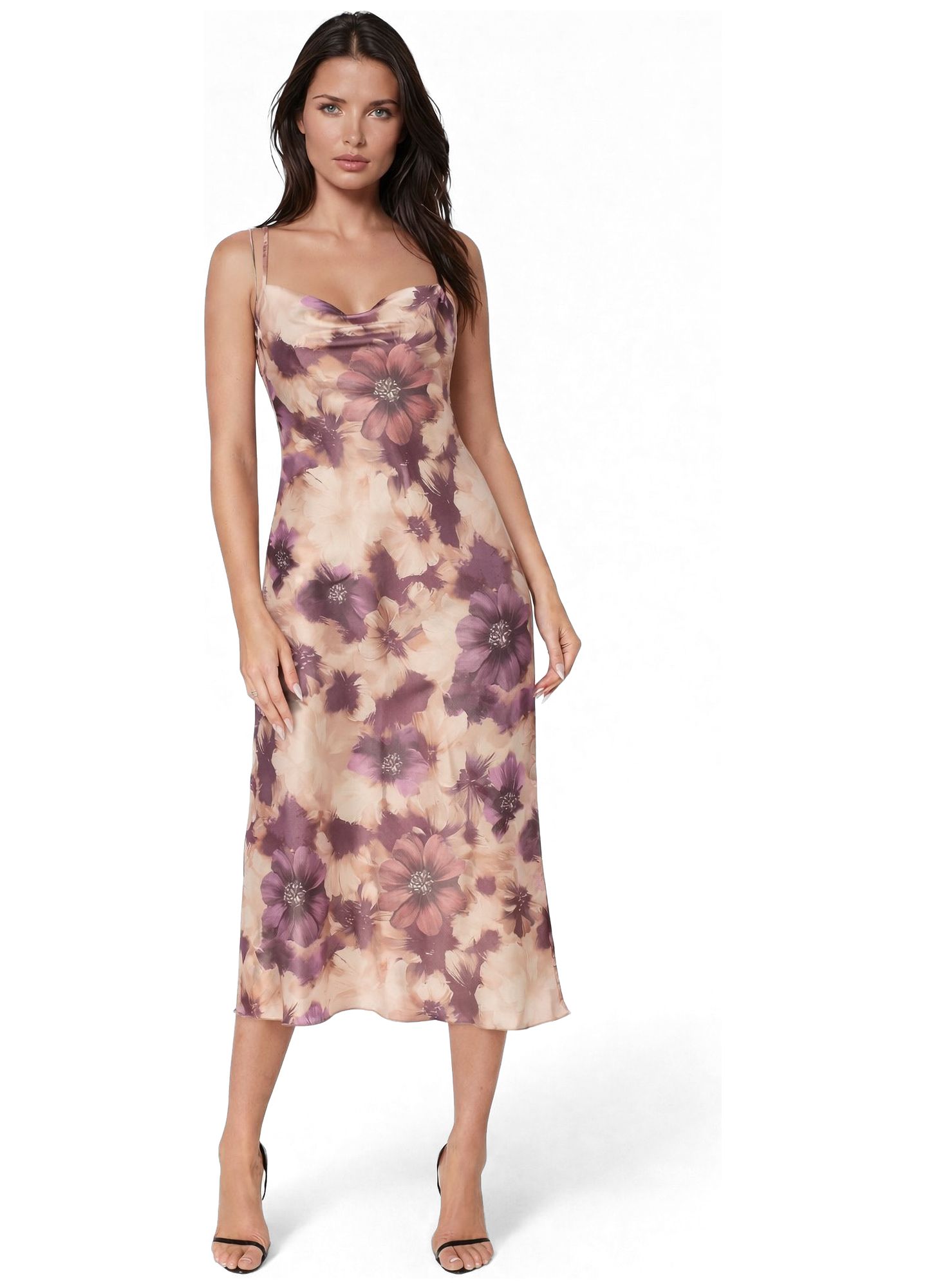 Женское платье Bebe Printed Cowl Maxi, цвет: Сиреневый рыжевато-коричневый — фото 1