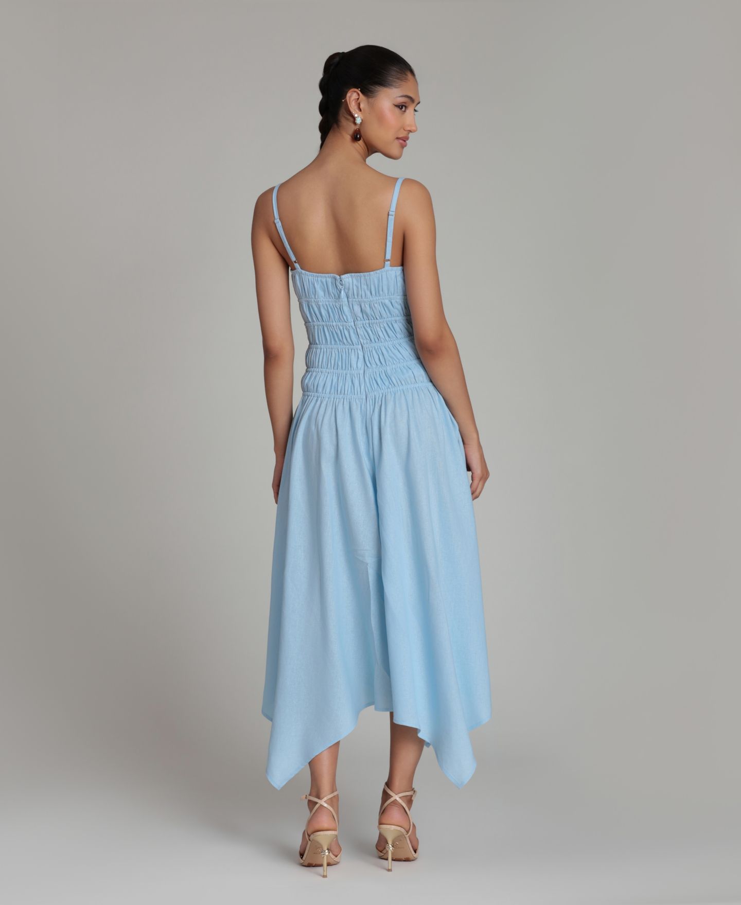 Женское платье Avec Les Filles Shirred Handkerchief Hem Linen Blend Asymmetric Midi, цвет: Аквамариновый — фото 7