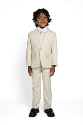 Peanut Butter Collection Toddler Boys Oasis Linen 5-Piece Shirt, Tie, Jacket, Vest and Pants Suit Set - Safari sand