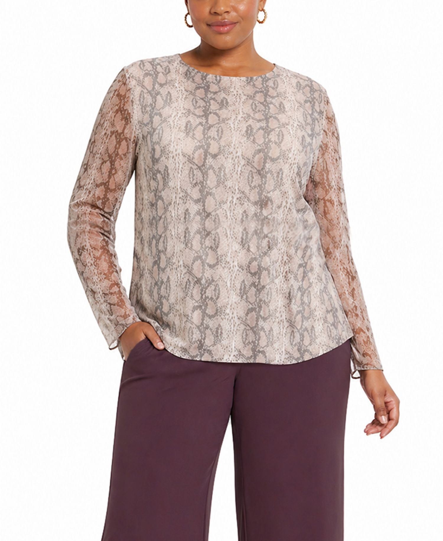 Plus Size Python Mesh Long-Sleeve Top