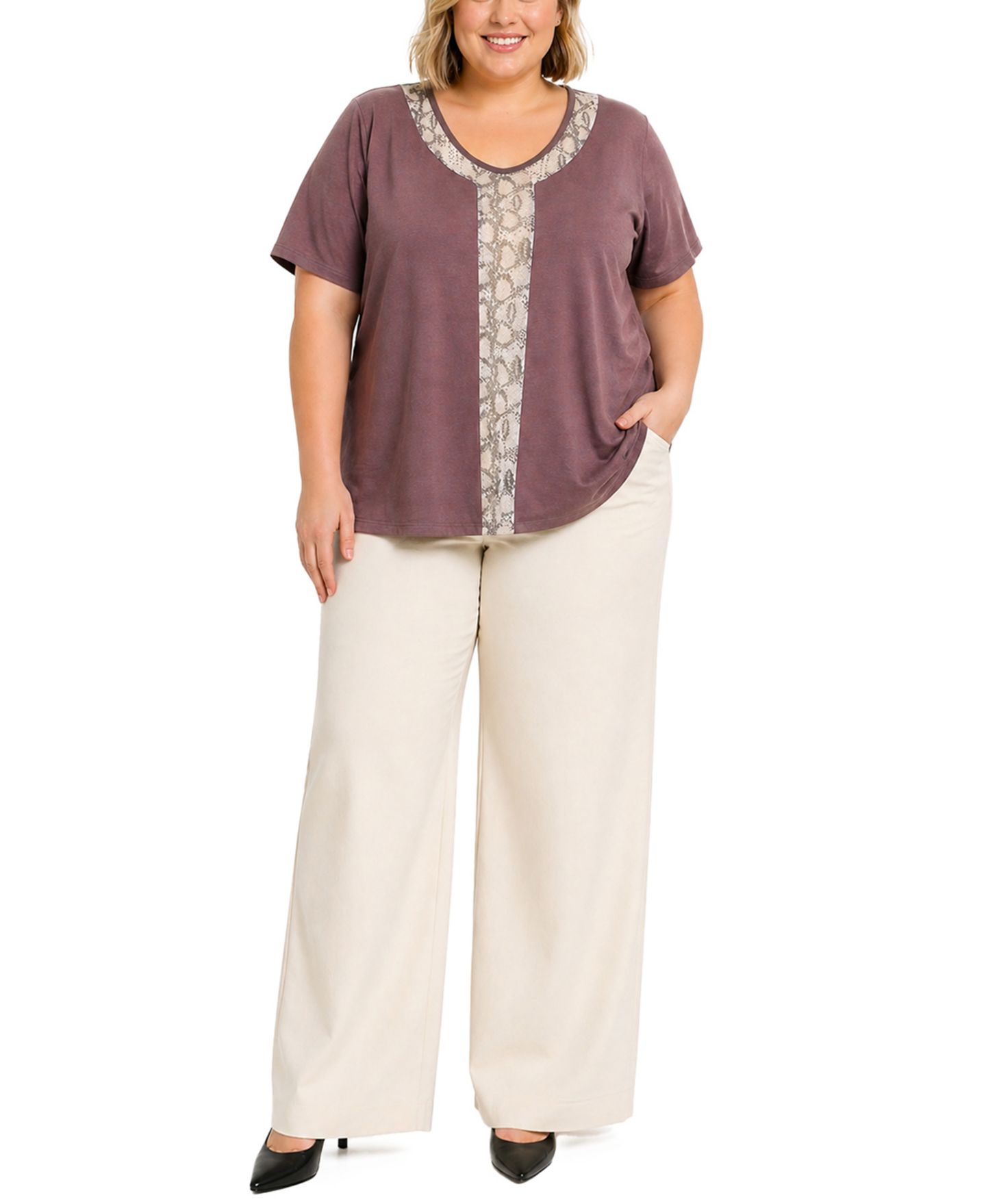 Женский топ COIN 1804 Plus Size Python Mesh Inset V-Neck, цвет: Розовато-лиловый — фото 3