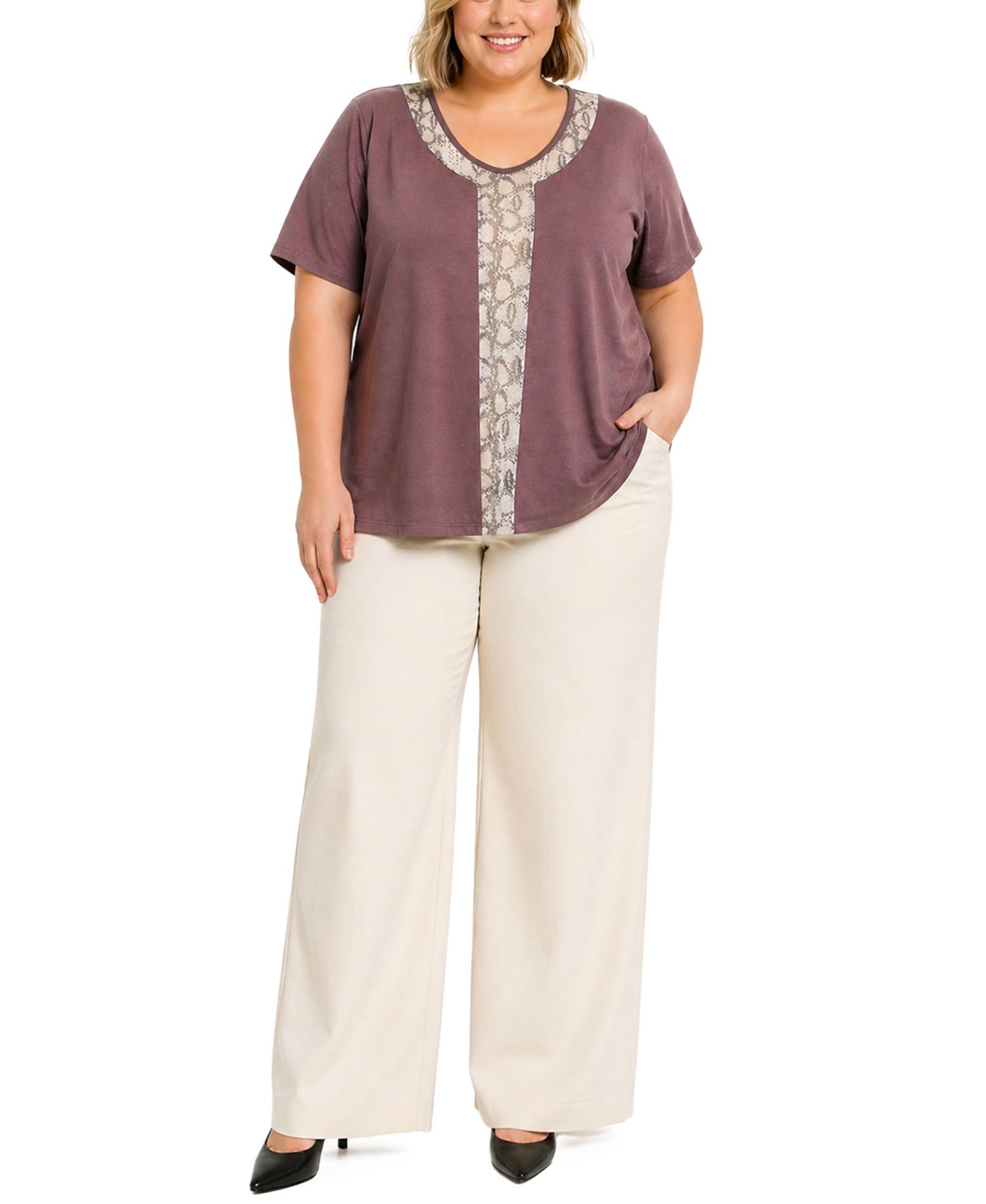 Plus Size Python Mesh Inset V-Neck Top