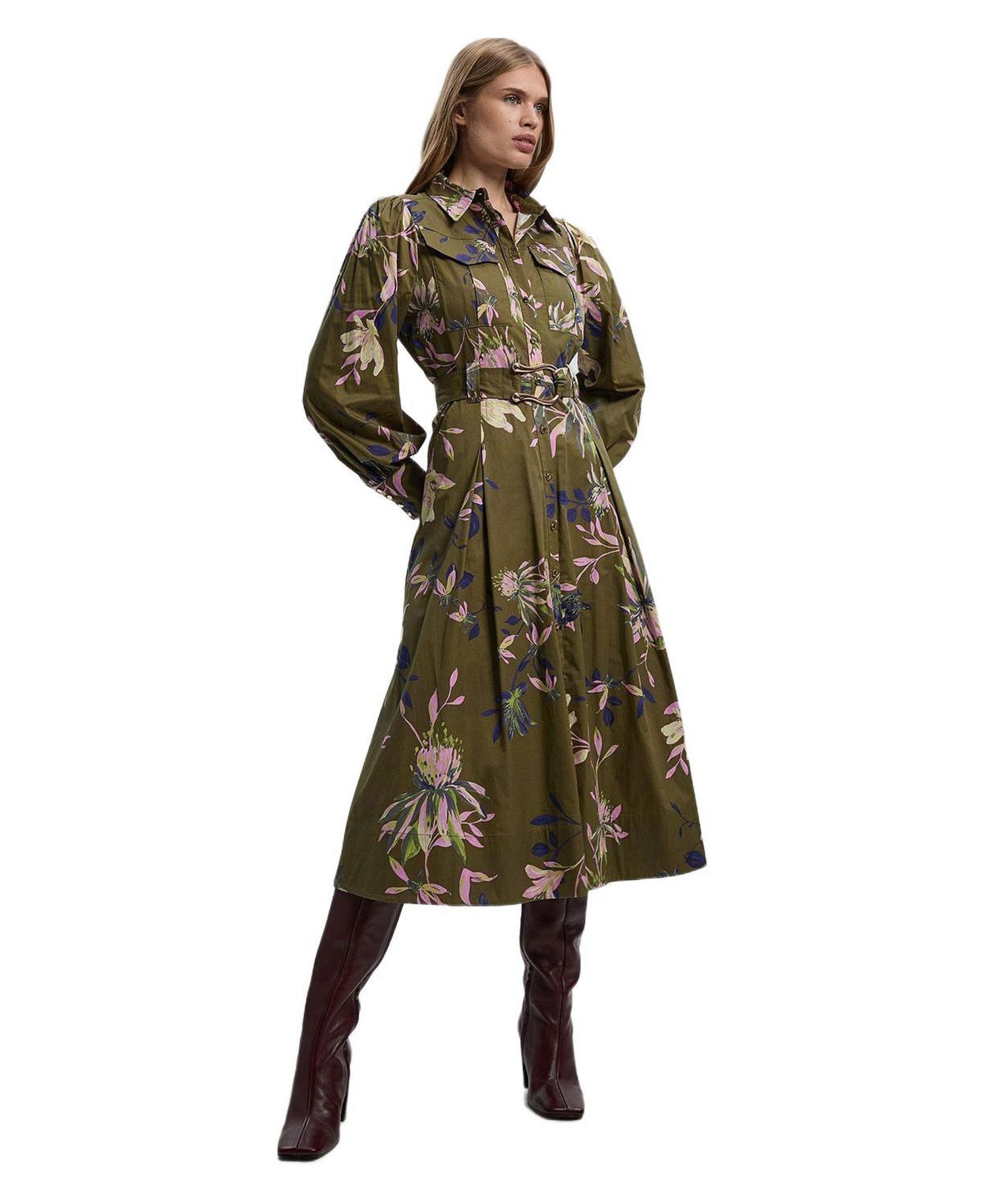 Women's Floral Cotton Sateen Midi Shirt Dress