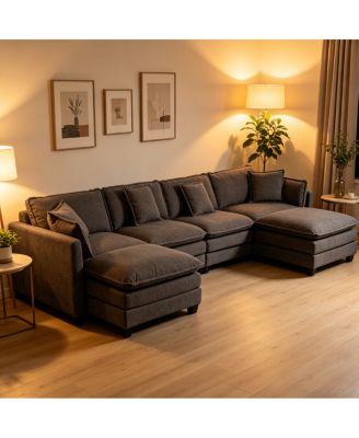 4-Seat Upholstered Sectional Sofa with 2 Ottomans and Waist Pillows