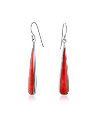 Simple Inlay Long Flat Teardrop Stone Dangle Drop Earrings .925 Sterling Silver