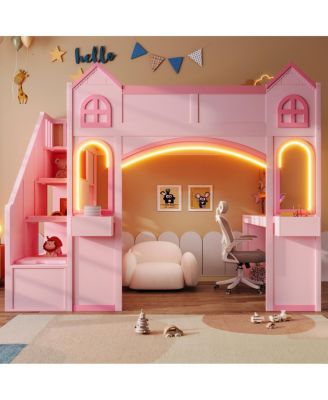 Wood Castle Loft Bed with Storage, Desk, and LED Lights
