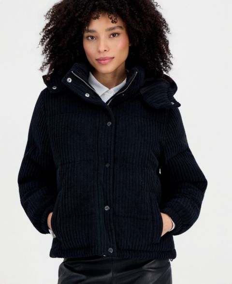 Женская куртка Steve Madden Hooded Corduroy Puffer, цвет: Чёрный