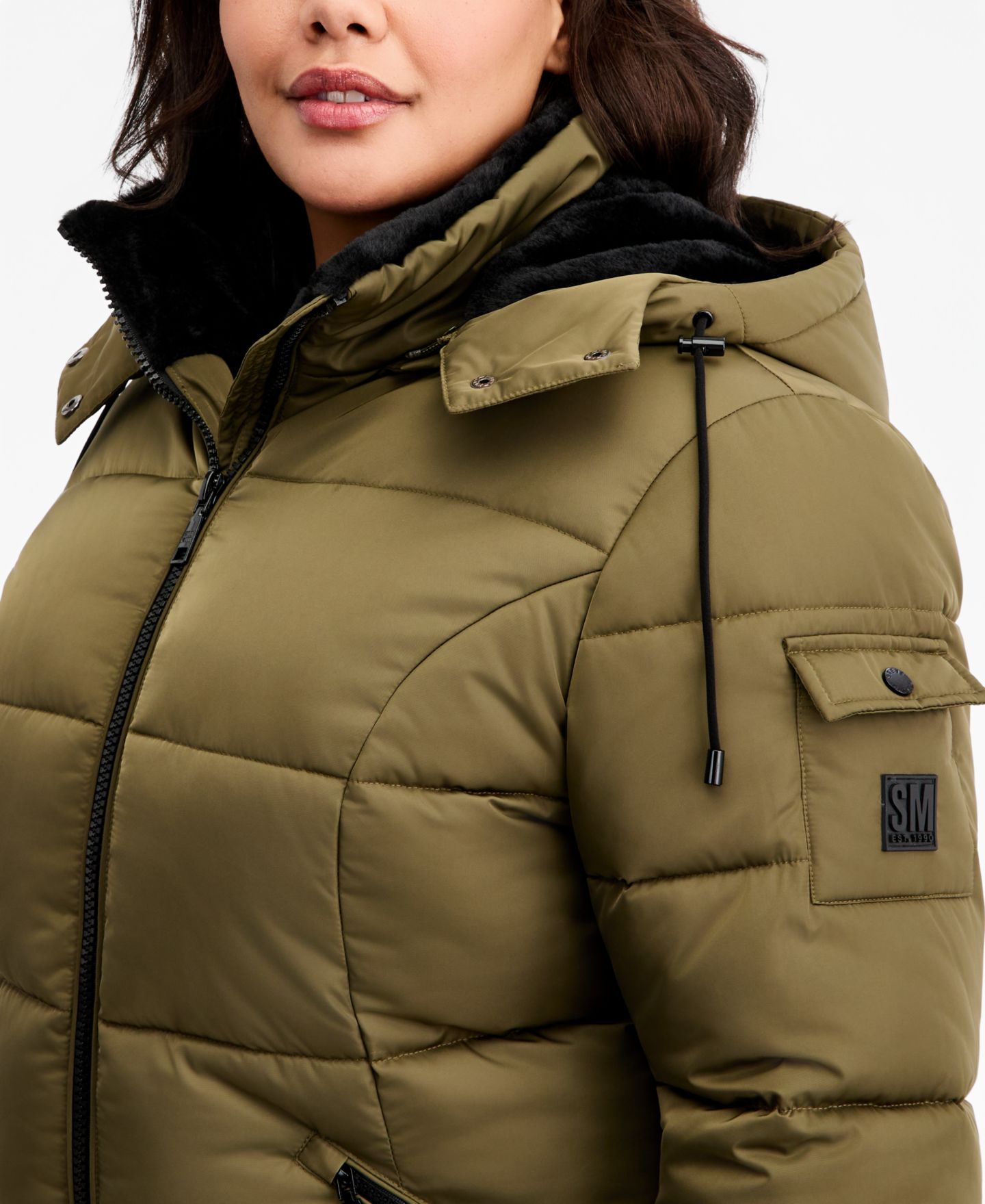 Женская куртка Steve Madden Plus Size Hooded Quilted Puffer, цвет: Оливковый — фото 3