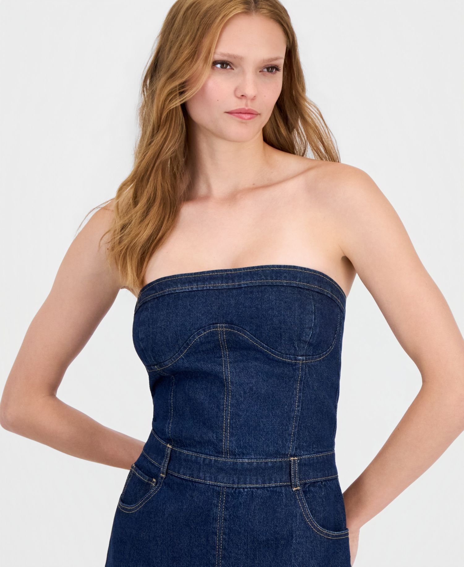 Women's Denim Strapless Corset Midi Dress
