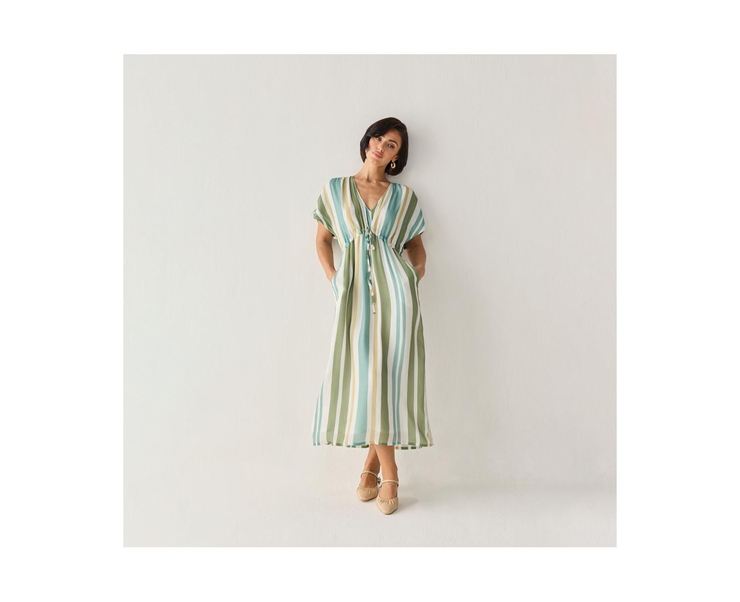Women's Striped Drawstring Waist Maxi Dress