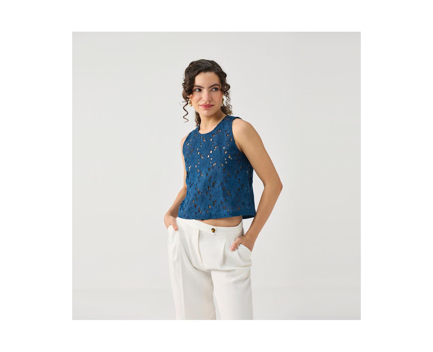 Women's Embroidered Sleeveless Button-Back Top