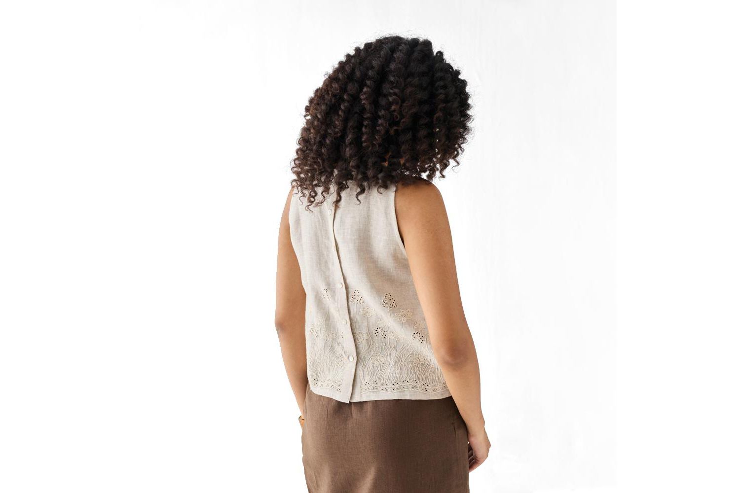 Women's Checkered Linen Embroidered Button-Back Top