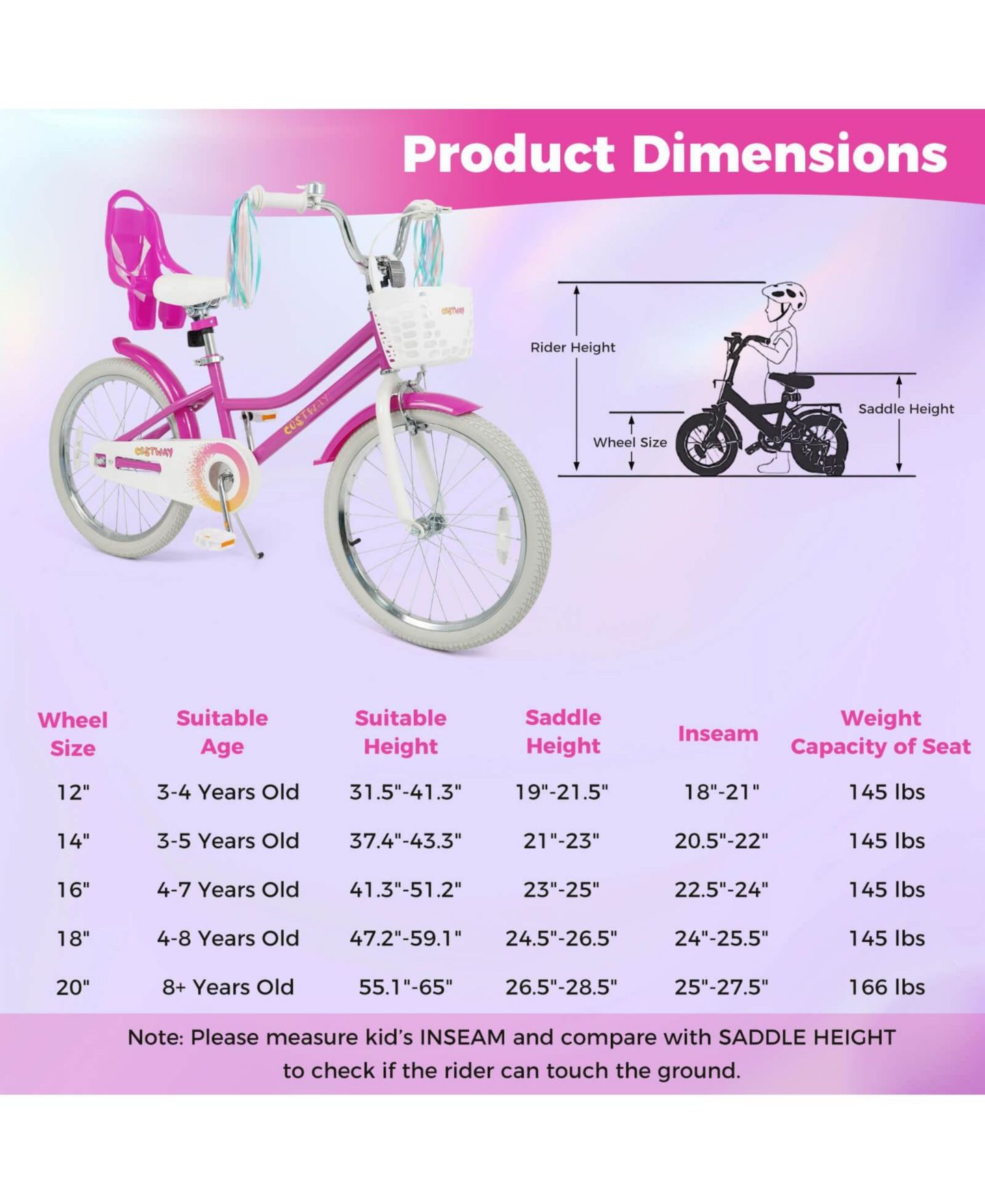 Детская игрушка Costway 20" Girls Bike with Doll Seat and Basket, 166 lbs Capacity, Ages 8+, цвет: Розовый — фото 2