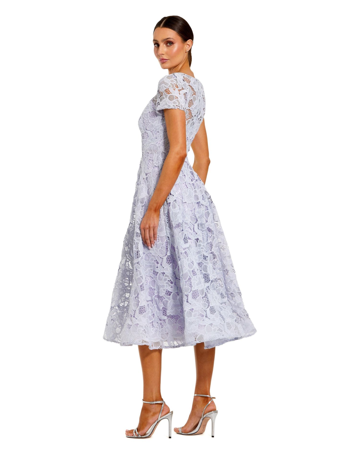 Women's Elegant Lace A-Line Midi Dress with Bow Detail