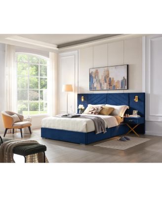 Velvet Wingback Platform Bed with Vertical Channel Tufted Headboard