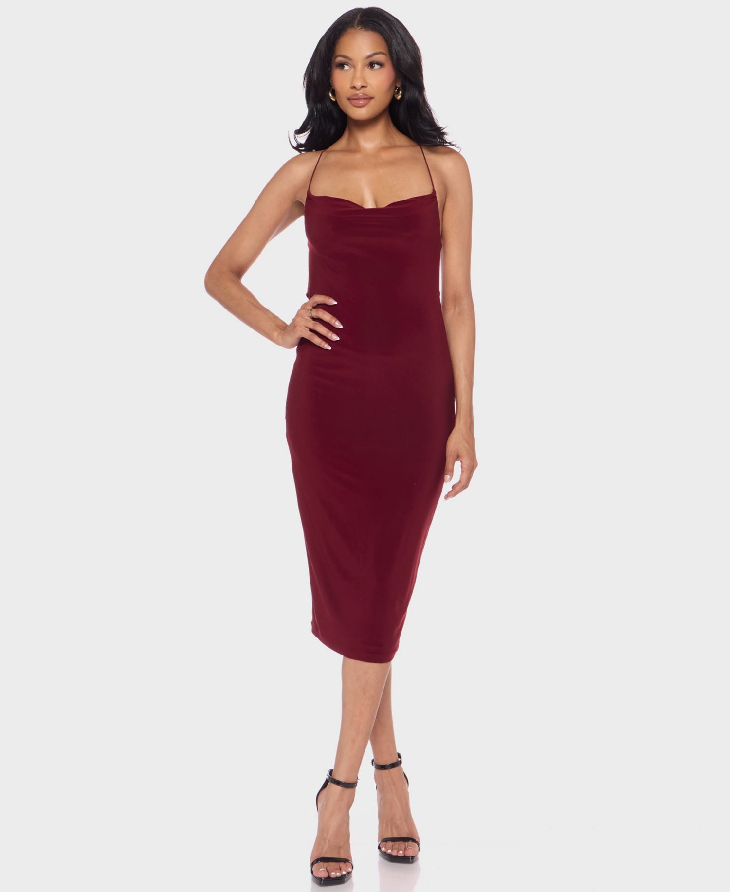 Juniors' Cowl Neck ITY Midi Dress with Bungee Cord Straps