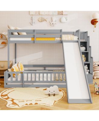 Full Bunk Bed with Slide, Storage Staircase, and Guardrails,