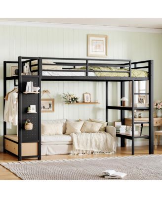 Metal Loft Bed with Wardrobe, Storage Shelves, and Pegboard