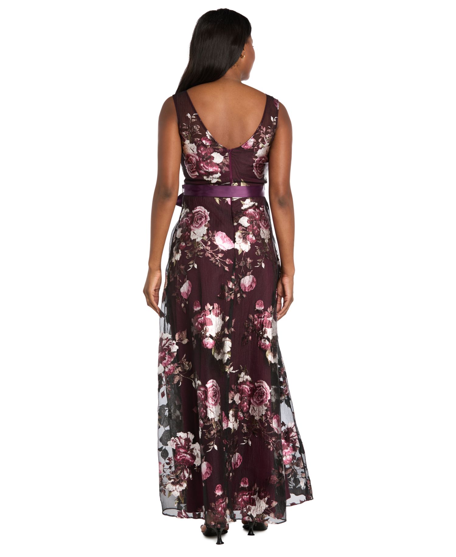 Women's Printed Foil Floral Boat Neck Gown