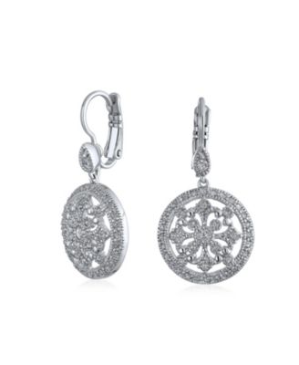 Vintage Style Bridal Round Medallion Cubic Zirconia CZ Dangle Statement Earrings Silver Plated