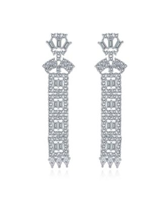 Elegant Bridal Cubic Zirconia CZ Linear Art Deco Statement Asian Motif Column Chandelier Earrings