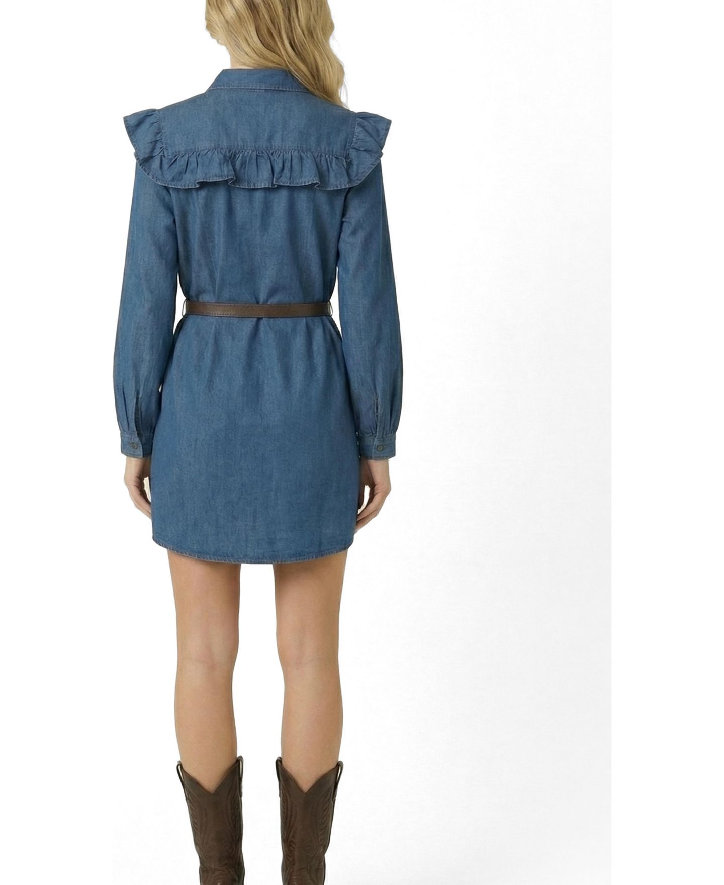 Женское платье Modenaire Ruffled-Collar Belted Shirt Dress, цвет: Средняя варка синий — фото 4