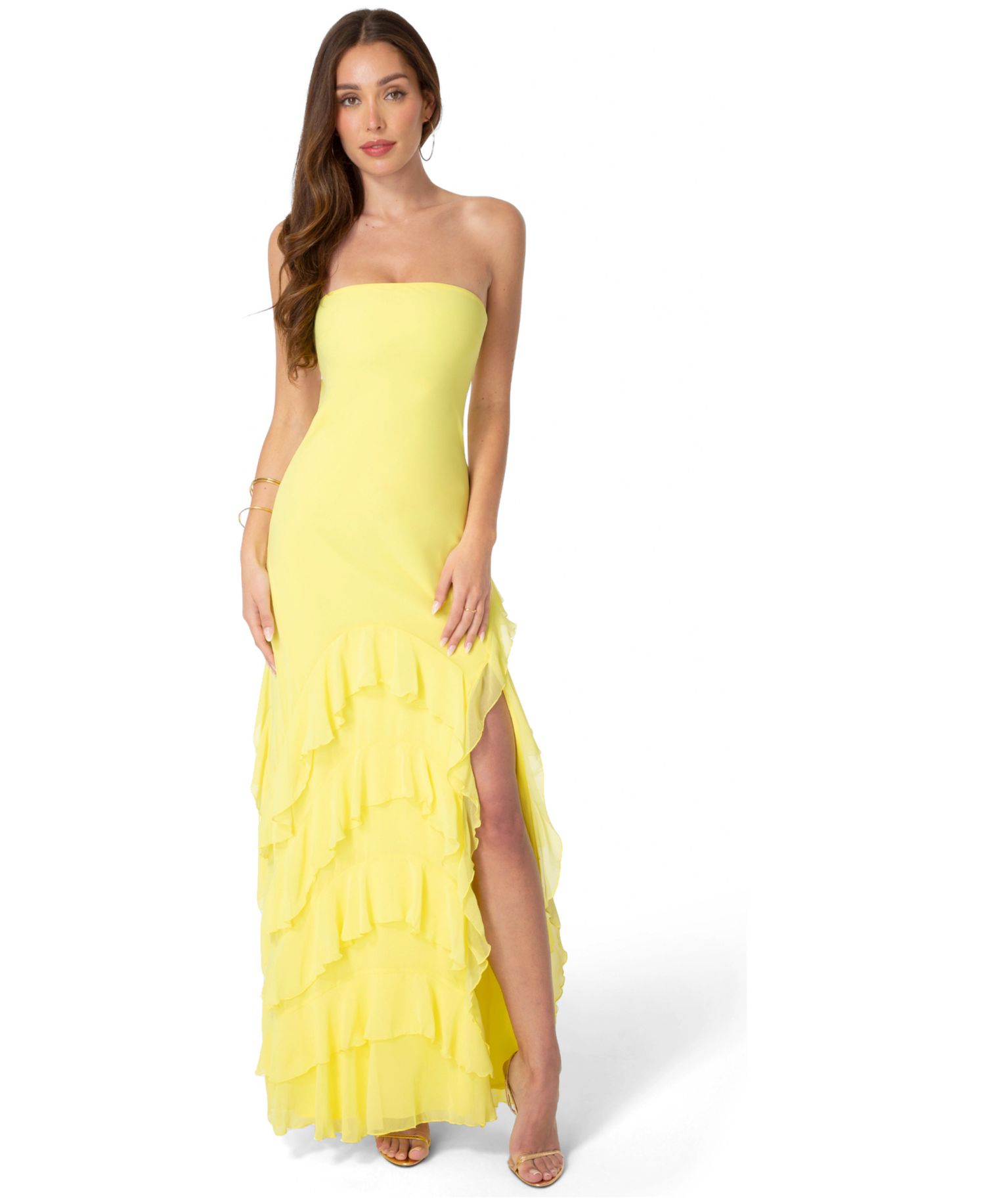 Women's Strapless Cascade Ruffle Chiffon Maxi Dress
