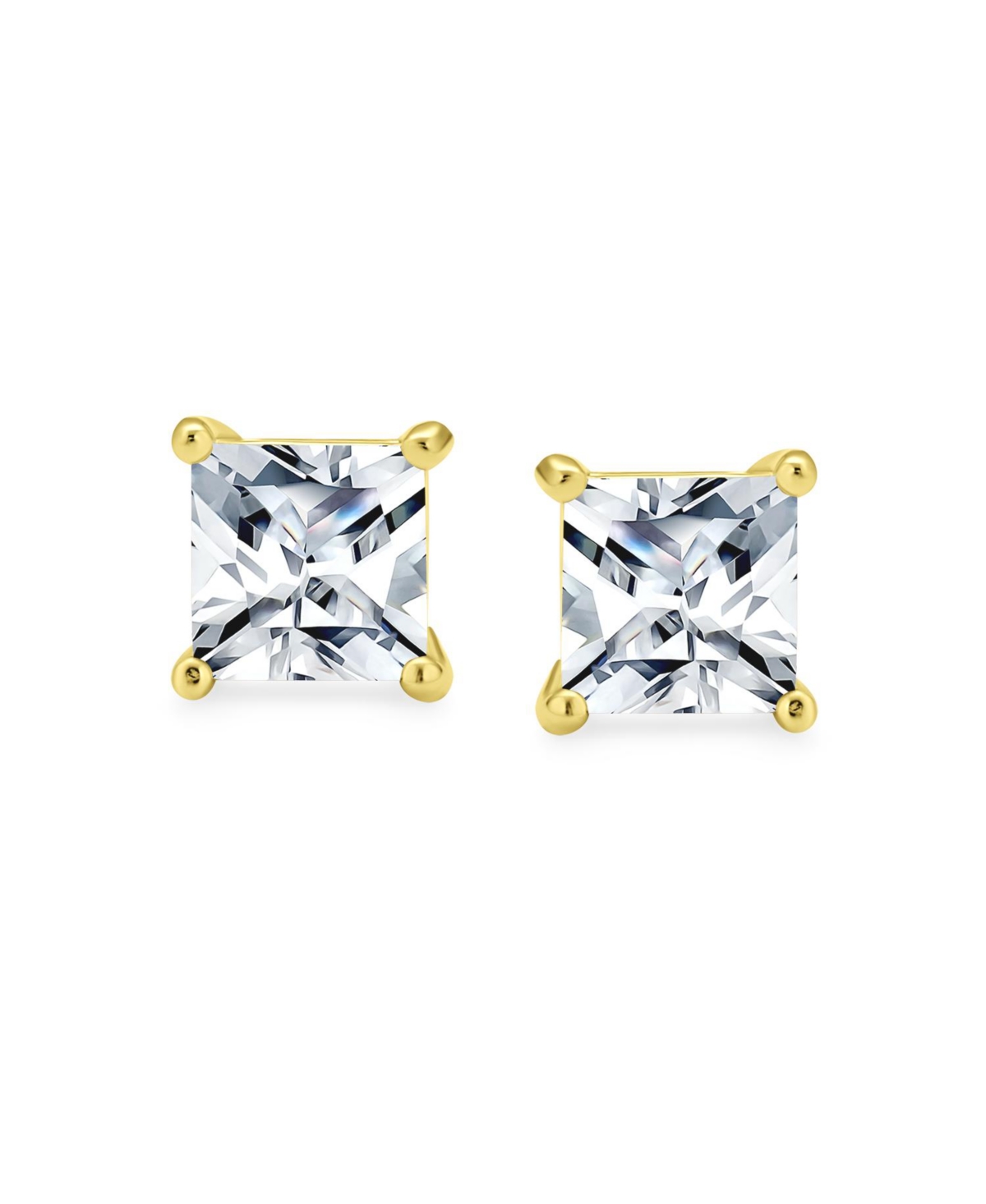 Bling Jewelry Square Cubic Zirconia 2 Ct Solitaire Princess Cut Stud Earrings 14K Gold Plated .925 Sterling Silver