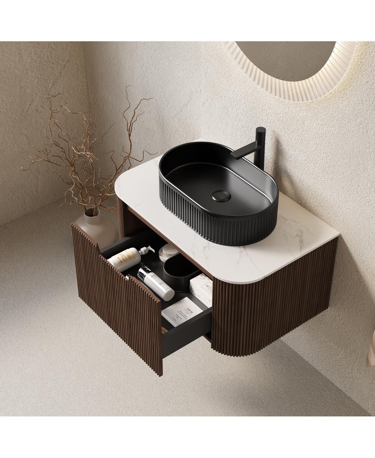 Sillysis Wall Mounted Bathroom Vanity with Sintered Stone Top, Oval Sink, Stripe Drawer