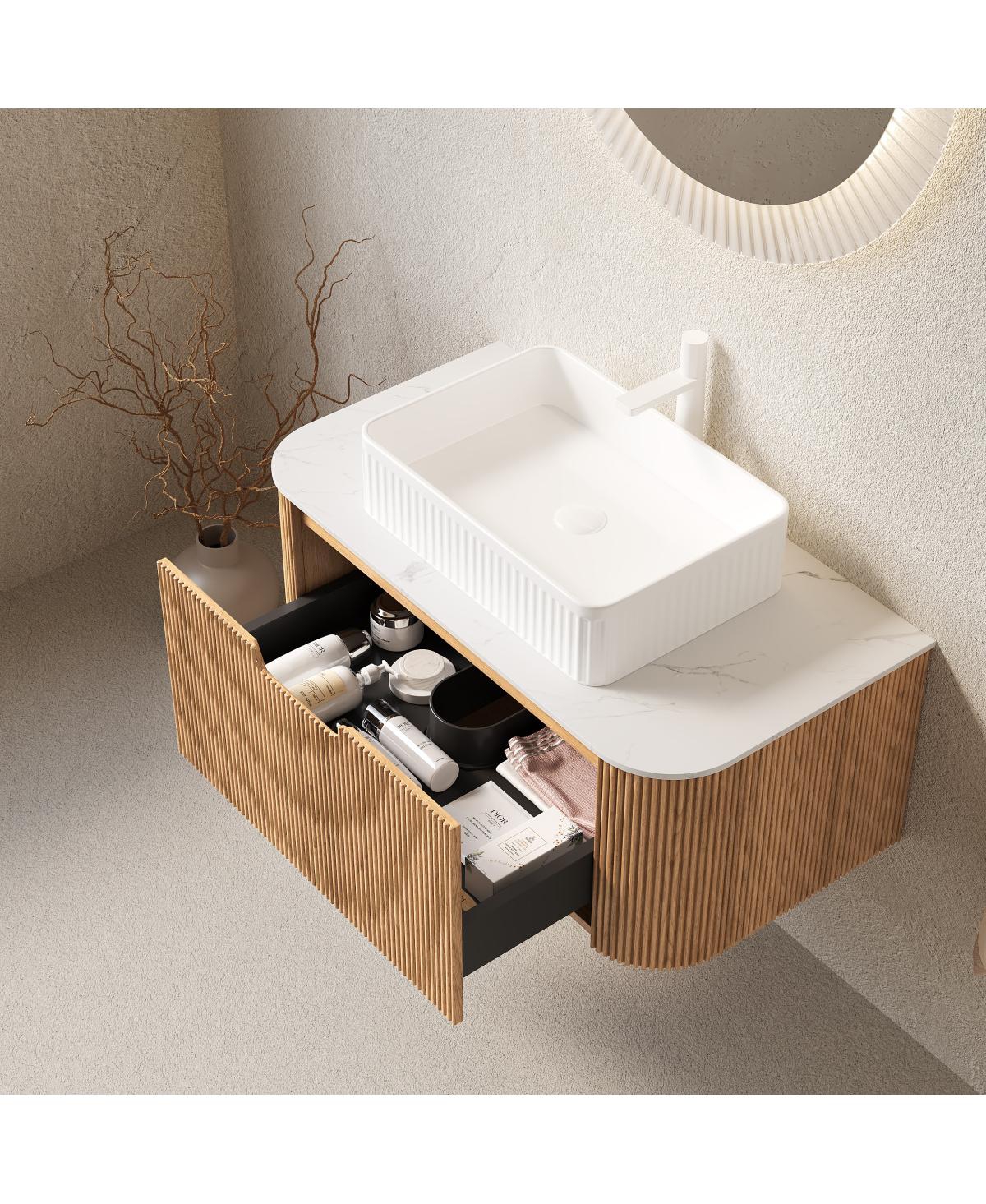 Sillysis Wall Mounted Bathroom Vanity with Rectangular Ceramic Sink, Modern Wood Grain Cabinet, Soft Close Drawer
