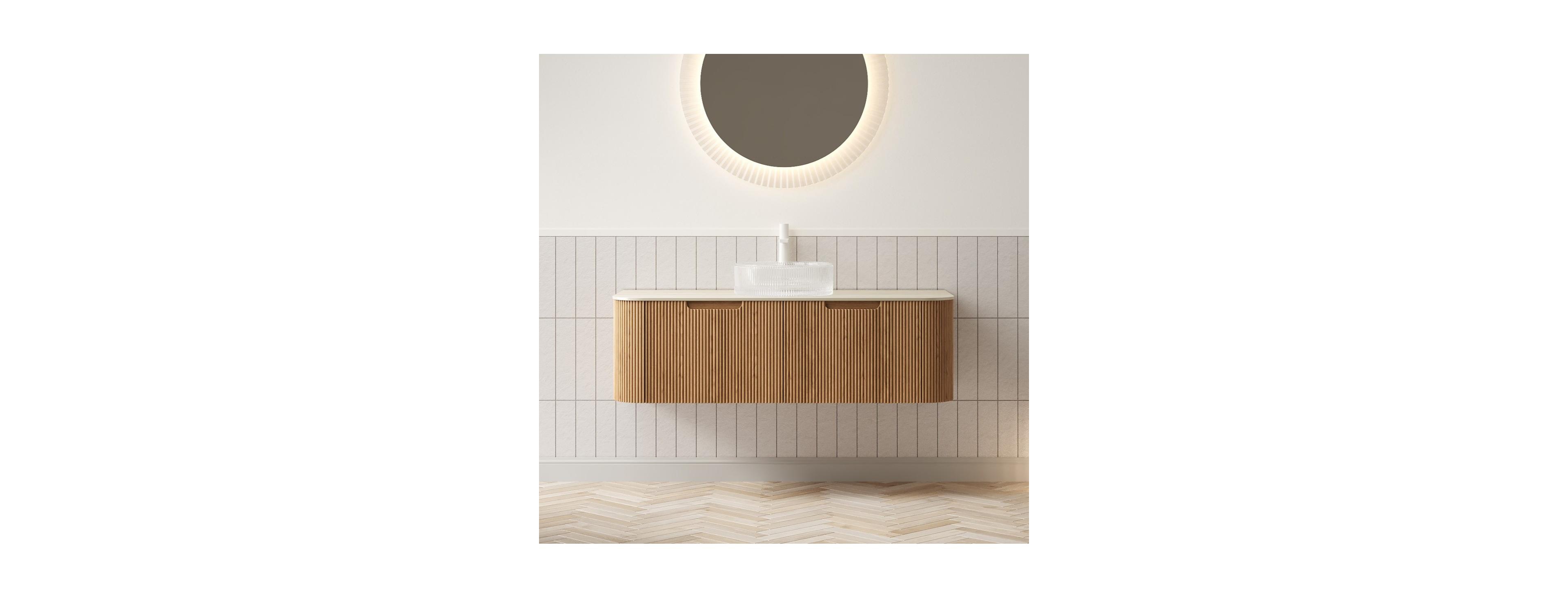 Sillysis Wall Mounted Bathroom Vanity with Crystal Glass Round Sink, Wood Grain Cabinet, Sintered Stone Top