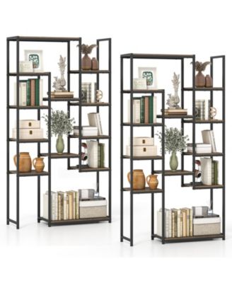 2 Piece Tall Bookshelf with 12 Open Shelves Anti-tip Kit for Living Room Home Office