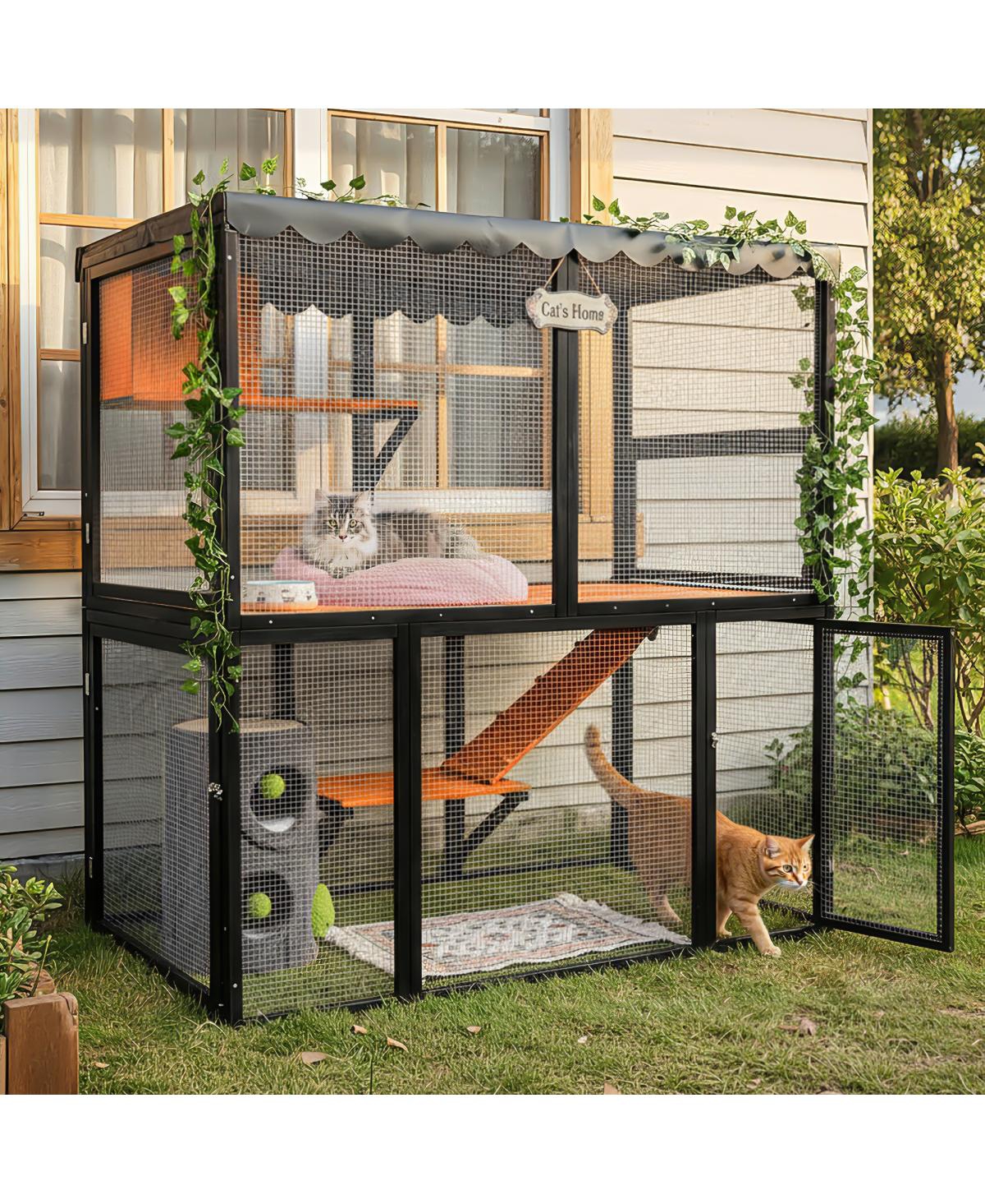 Streamdale Furniture Wooden Outdoor Catio Enclosure with Waterproof Cover and 4-Tier Ramp