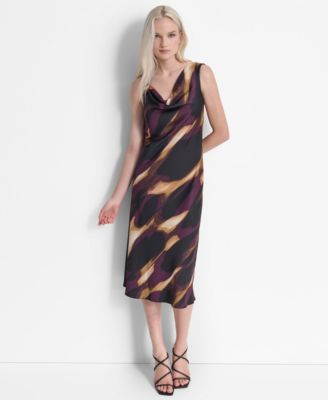 Women's Printed Cowl Neck Midi Dress