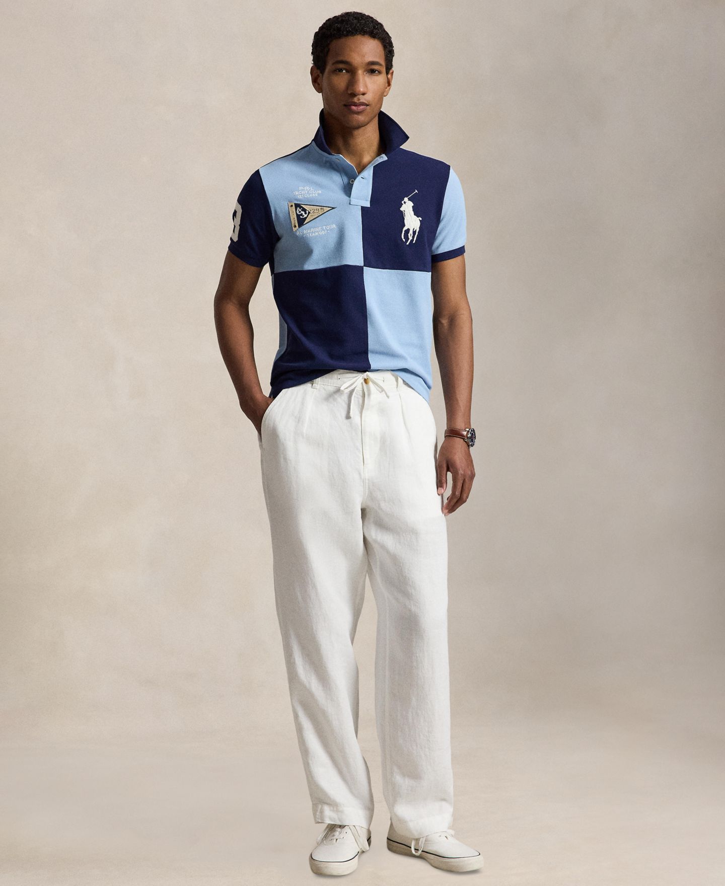 Мужское поло Polo Ralph Lauren Custom Slim-Fit Big Pony Mesh Polo Shirt, цвет: Тёмно-синий / Пудрово-голубой — фото 3