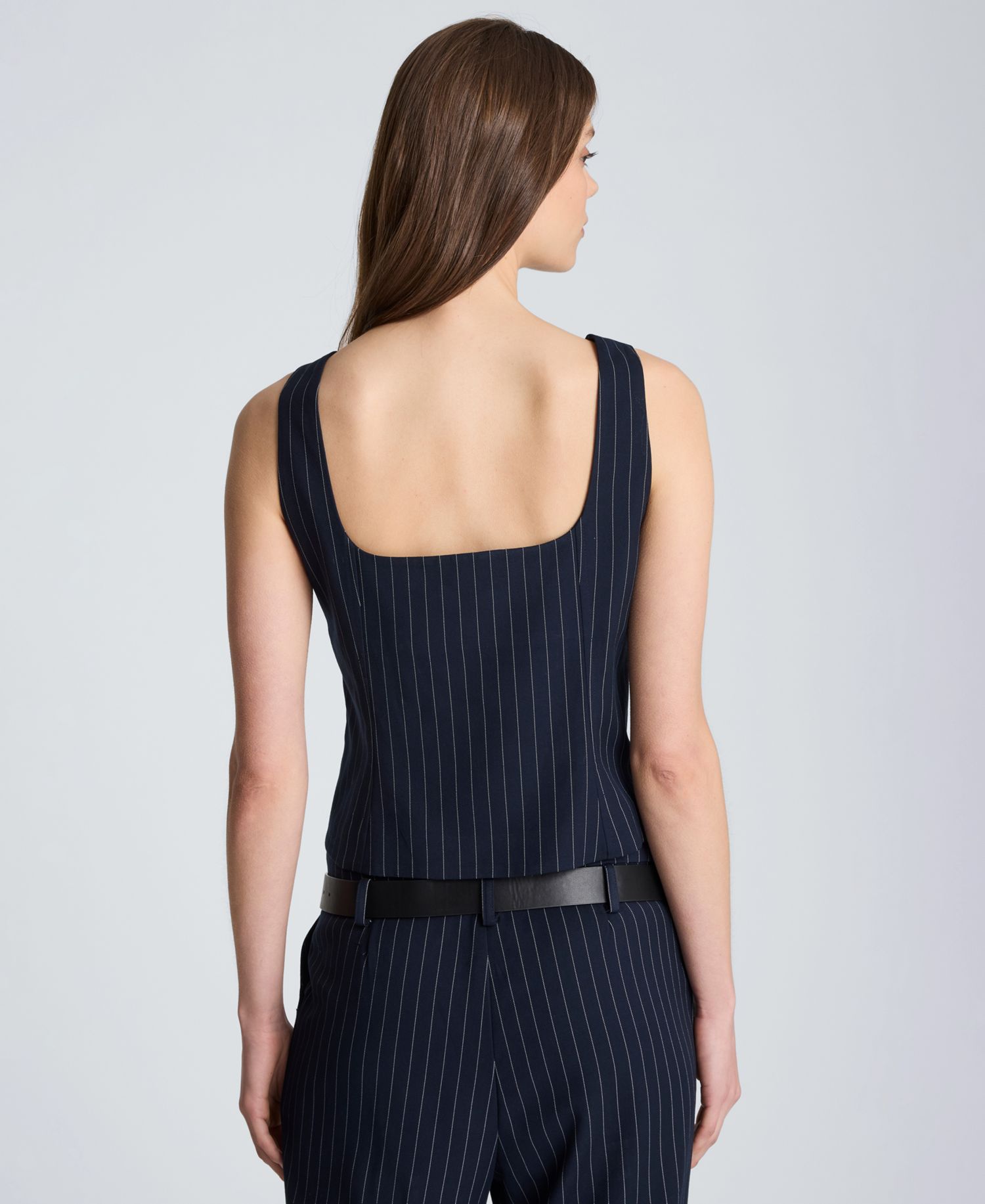 Women's Fitted Belted Empire Waist Pinstripe Bodice