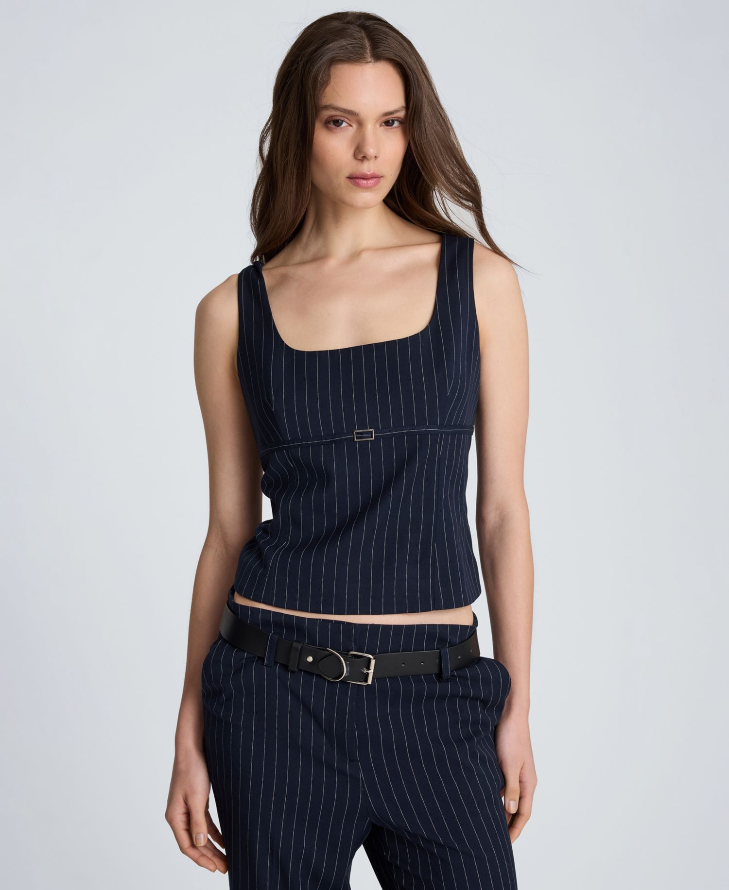 Women's Fitted Belted Empire Waist Pinstripe Bodice