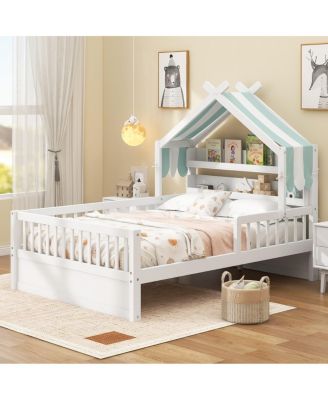 Full Size Wooden House Bed with Storage Headboard Shelf