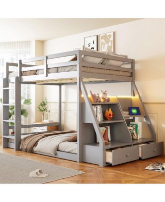 Full Bunk Bed with LED Lights, USB Ports, Storage Shelves and 2 Drawers