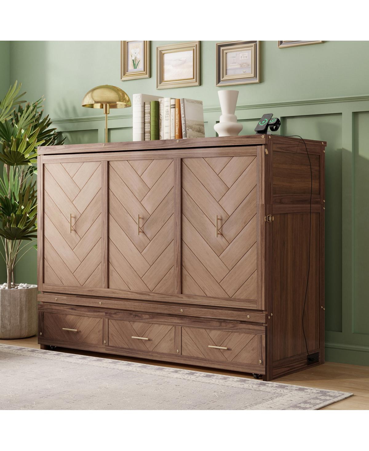 Streamdale Furniture Queen Size Pine Wood Murphy Bed with Usb Charging Station