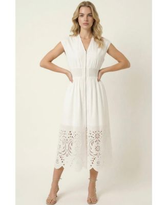 Women's Cap-Sleeve Smocked-Waist Eyelet-Hem Dress