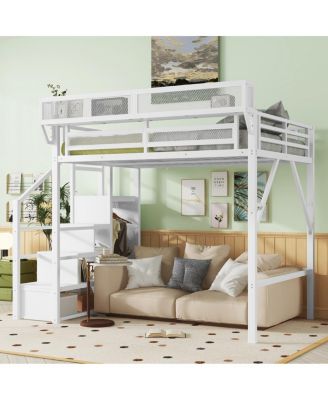 Full Size Metal Loft Bed With Stairs, Storage Shelves, And Wardrobe