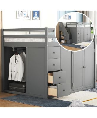 Full Size Wood Loft Bed With Built-in Wardrobes, Cabinets and Drawers