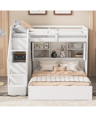 Twin over Full Bunk Bed with Storage Stairs, Wardrobe,USB