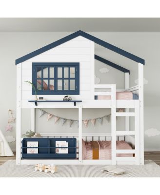 Full Size House Bunk Bed with Bookshelf and Safety Fencing